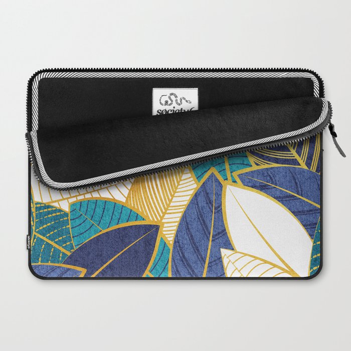 Leaf wall // navy blue royal blue and teal leaves golden lines Laptop Sleeve Gallery Image 2