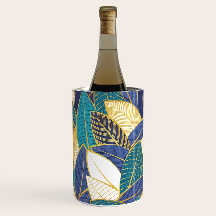 Leaf wall // navy blue royal blue and teal leaves golden lines Wine Chiller