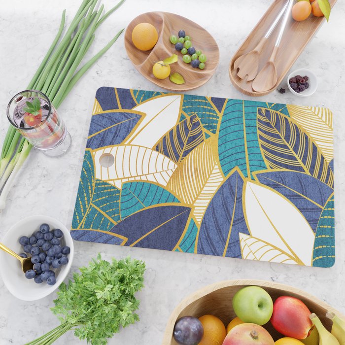 Leaf wall // navy blue royal blue and teal leaves golden lines Cutting Board Gallery Image 2
