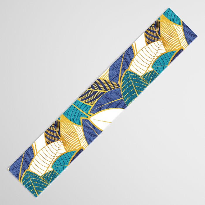 Leaf wall // navy blue royal blue and teal leaves golden lines Table Runner Gallery Image 3