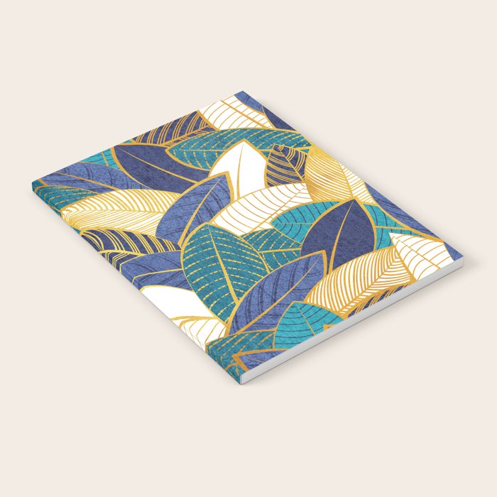Leaf wall // navy blue royal blue and teal leaves golden lines Notebook Gallery Image 1