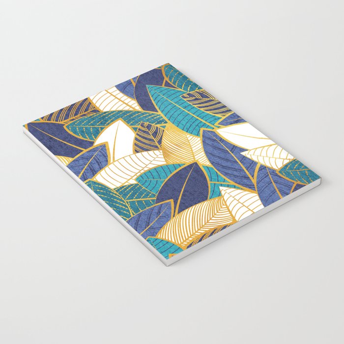 Leaf wall // navy blue royal blue and teal leaves golden lines Notebook Gallery Image 3