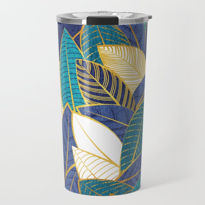 Leaf wall // navy blue royal blue and teal leaves golden lines Travel Mug Gallery Image 1