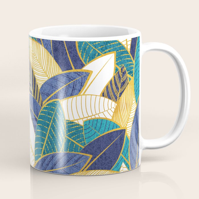 Leaf wall // navy blue royal blue and teal leaves golden lines Coffee Mug Gallery Image 1