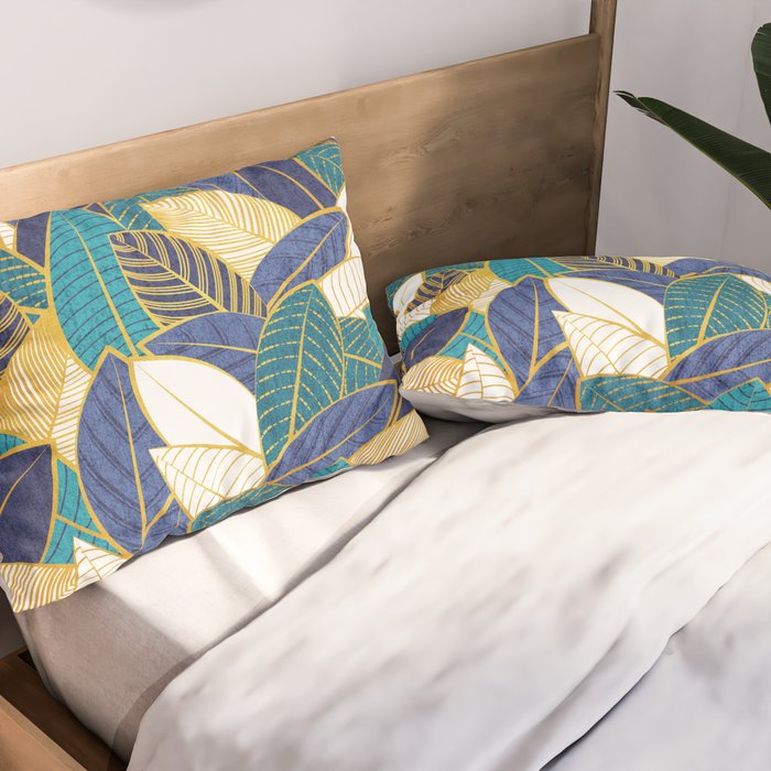 Leaf wall // navy blue royal blue and teal leaves golden lines Pillow Sham Gallery Image 2