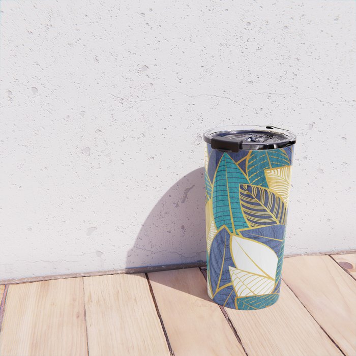 Leaf wall // navy blue royal blue and teal leaves golden lines Travel Mug Gallery Image 4