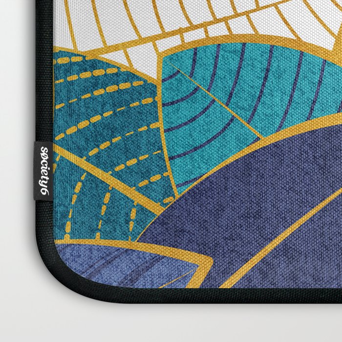 Leaf wall // navy blue royal blue and teal leaves golden lines Laptop Sleeve Gallery Image 3