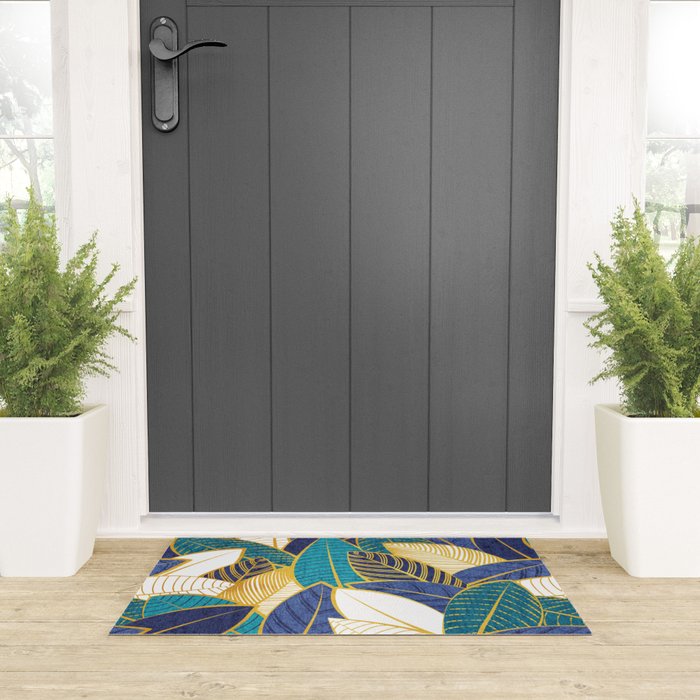 Leaf wall // navy blue royal blue and teal leaves golden lines Welcome Mat Gallery Image 3