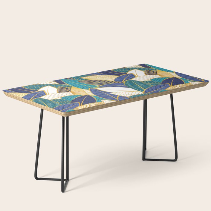 Leaf wall // navy blue royal blue and teal leaves golden lines Coffee Table Gallery Image 1