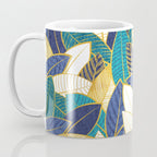 Leaf wall // navy blue royal blue and teal leaves golden lines Coffee Mug Gallery Image 3