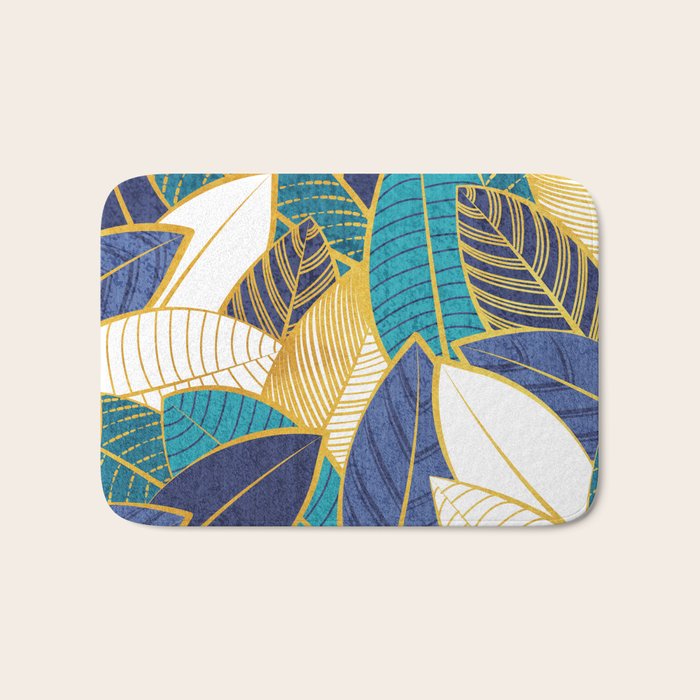 Leaf wall // navy blue royal blue and teal leaves golden lines Bath Mat Gallery Image 1