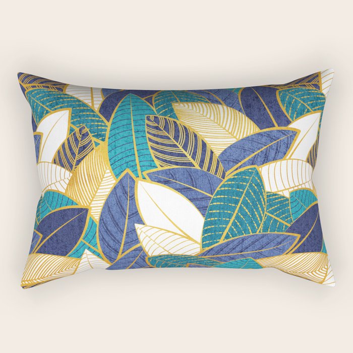 Leaf wall // navy blue royal blue and teal leaves golden lines Rectangular Pillow Gallery Image 2