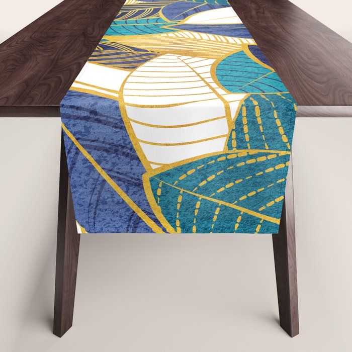 Leaf wall // navy blue royal blue and teal leaves golden lines Table Runner Gallery Image 1