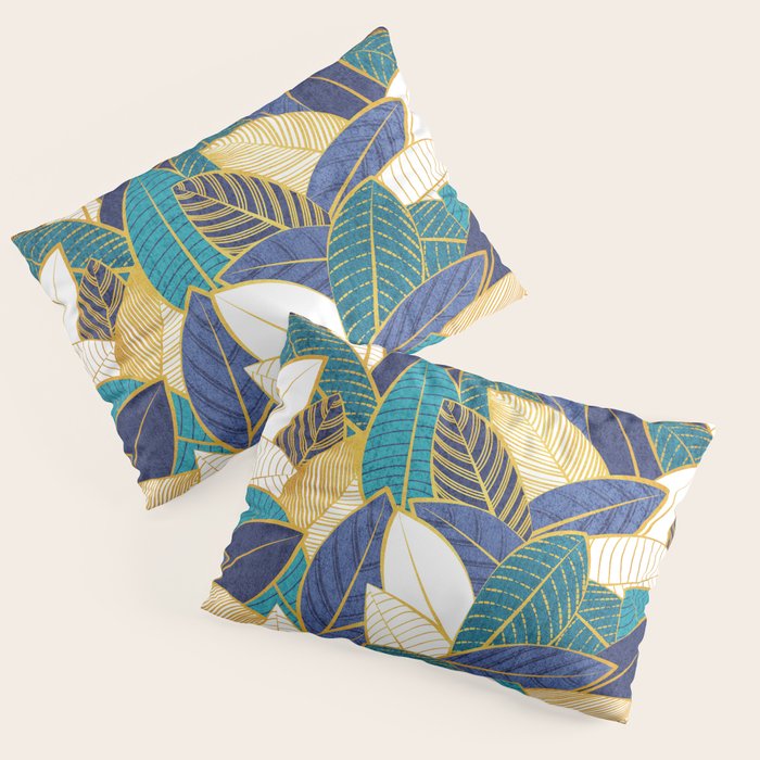 Leaf wall // navy blue royal blue and teal leaves golden lines Pillow Sham Gallery Image 1