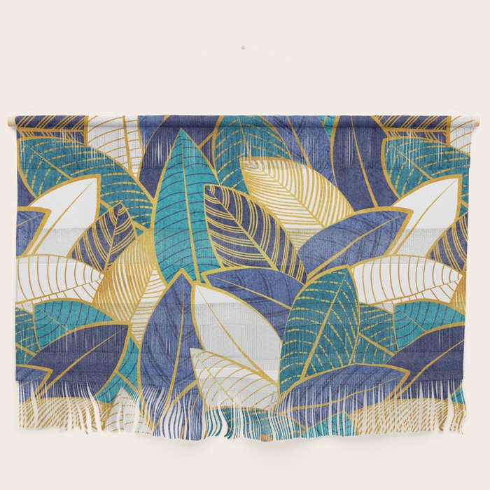 Leaf wall // navy blue royal blue and teal leaves golden lines Wall Hanging Gallery Image 1