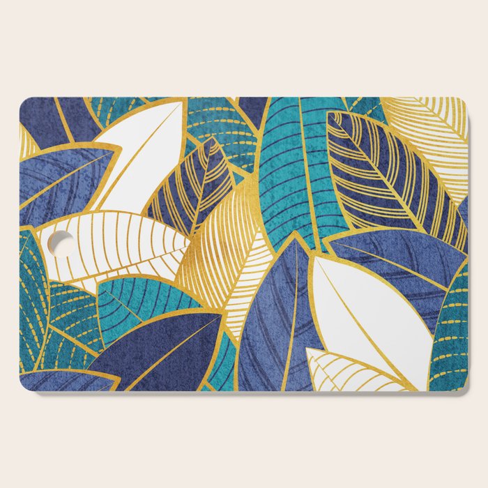 Leaf wall // navy blue royal blue and teal leaves golden lines Cutting Board Gallery Image 1