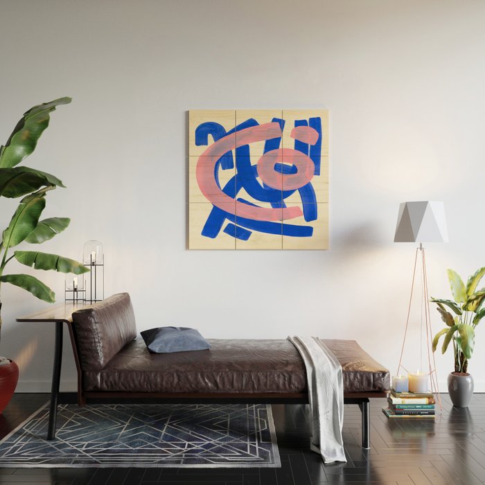 Tribal Pink Blue Fun Colorful Mid Century Modern Abstract Painting Shapes Pattern Wood Wall Art Gallery Image 2