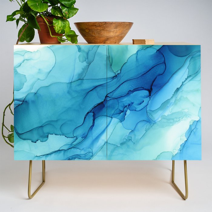 Emerald Sea Waves - Abstract Ombre Flowing Ink Credenza Gallery Image 1