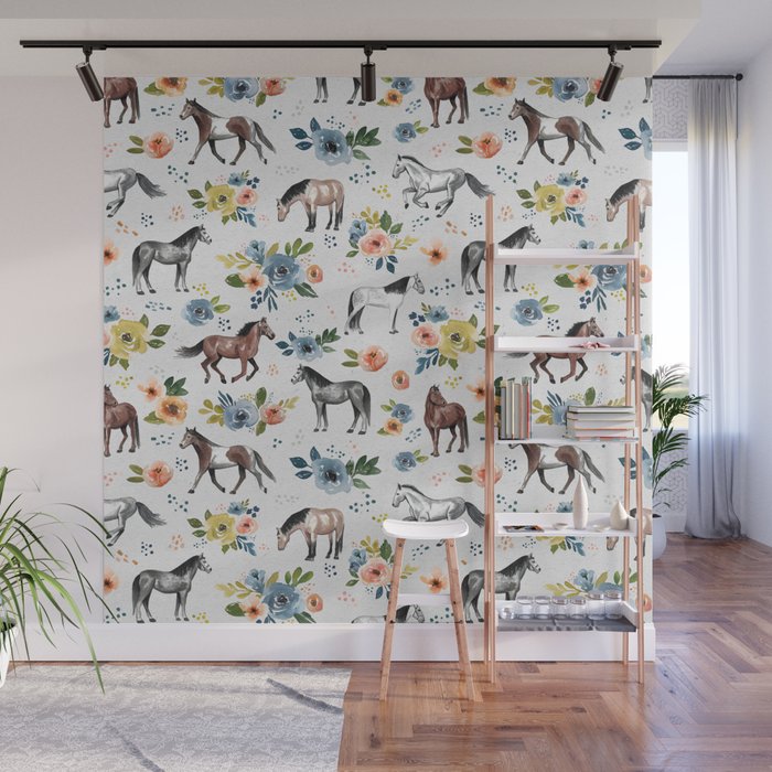 Horses and Flowers, Floral Horses, Western, Horse Art, Horse Decor, Gray Wall Mural Gallery Image 1
