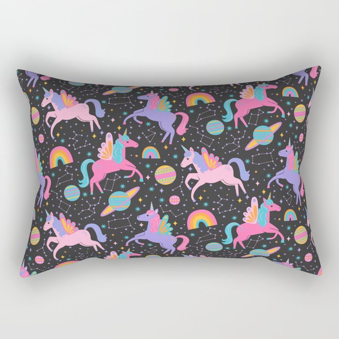 Space Unicorns - Neon Rainbow on Black Rectangular Pillow Gallery Image 1
