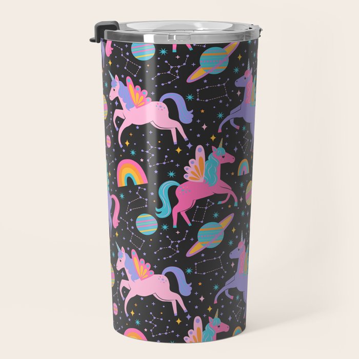 Space Unicorns - Neon Rainbow on Black Travel Mug Gallery Image 3