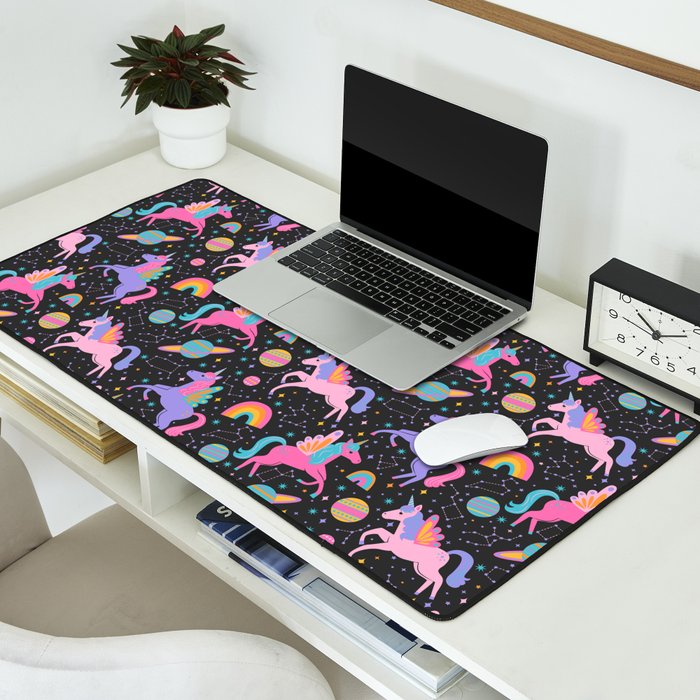 Space Unicorns - Neon Rainbow on Black Desk Mat Gallery Image 2