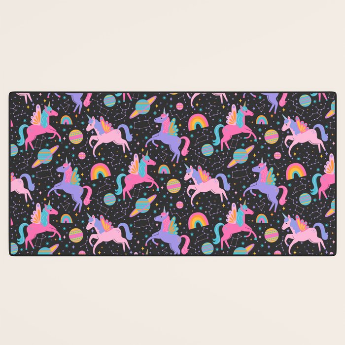 Space Unicorns - Neon Rainbow on Black Desk Mat Gallery Image 3
