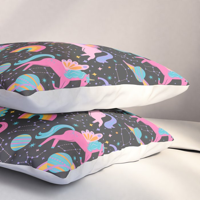 Space Unicorns - Neon Rainbow on Black Pillow Sham Gallery Image 3