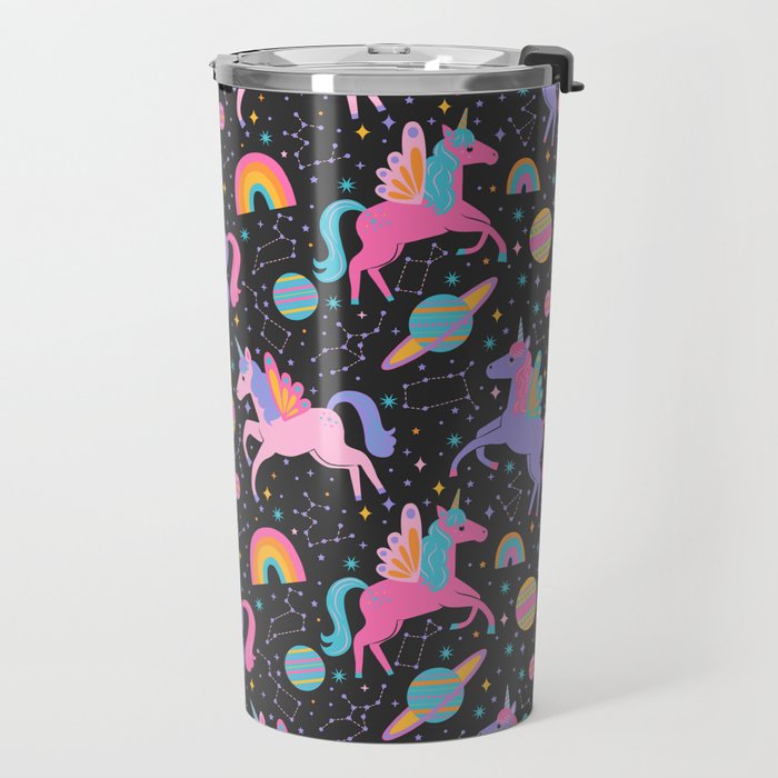 Space Unicorns - Neon Rainbow on Black Travel Mug Gallery Image 2