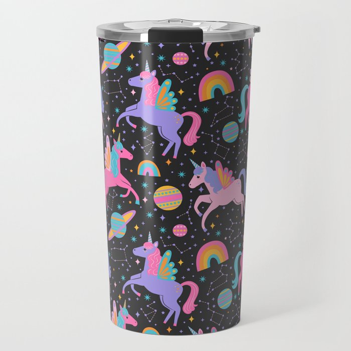 Space Unicorns - Neon Rainbow on Black Travel Mug Gallery Image 1
