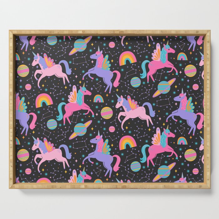Space Unicorns - Neon Rainbow on Black Serving Tray Gallery Image 1
