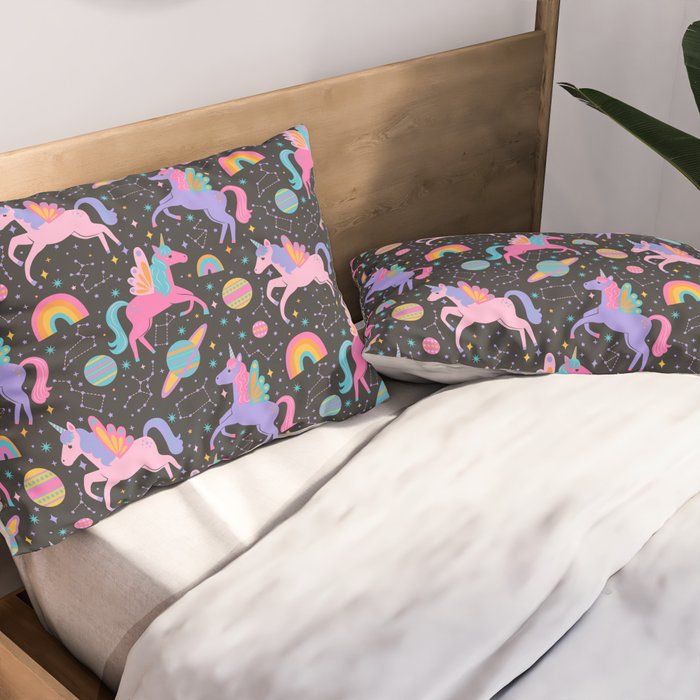 Space Unicorns - Neon Rainbow on Black Pillow Sham Gallery Image 2