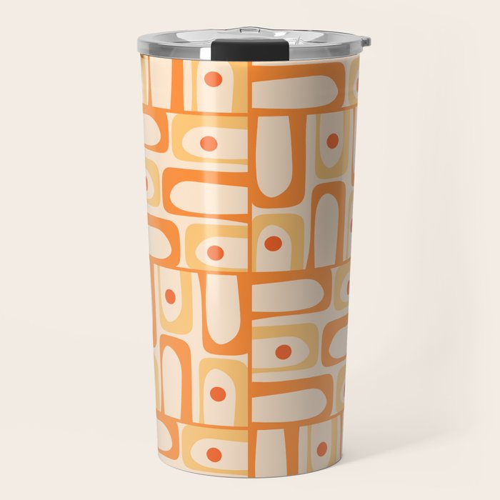 Mid Century Modern Piquet Abstract Multi Geometric Pattern in Light Tangerine Orange Tones Travel Mug Gallery Image 1