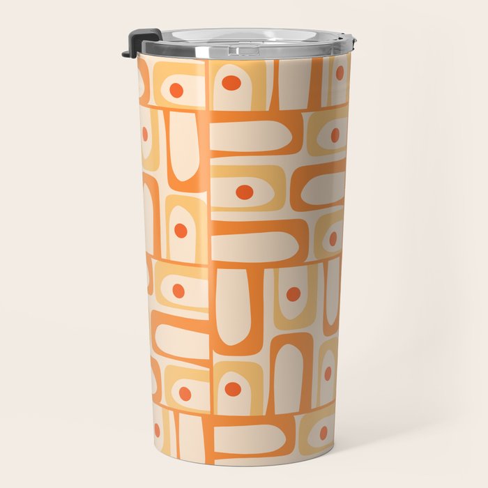 Mid Century Modern Piquet Abstract Multi Geometric Pattern in Light Tangerine Orange Tones Travel Mug Gallery Image 3
