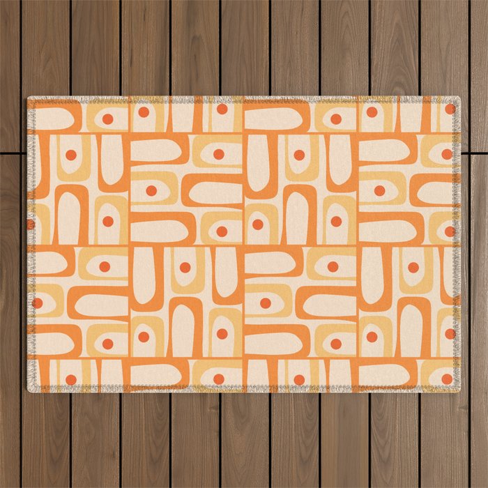 Mid Century Modern Piquet Abstract Multi Geometric Pattern in Light Tangerine Orange Tones Outdoor Rug Gallery Image 1