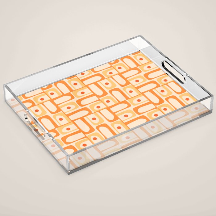Mid Century Modern Piquet Abstract Multi Geometric Pattern in Light Tangerine Orange Tones Acrylic Tray Gallery Image 1