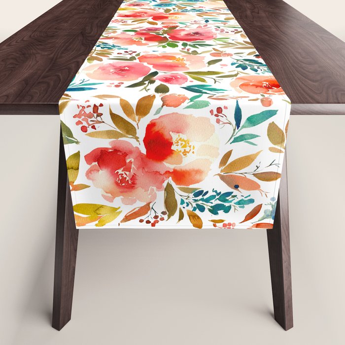 Red Turquoise Teal Floral Watercolor Table Runner Gallery Image 1