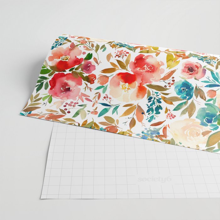 Red Turquoise Teal Floral Watercolor Wrapping Paper Gallery Image 2