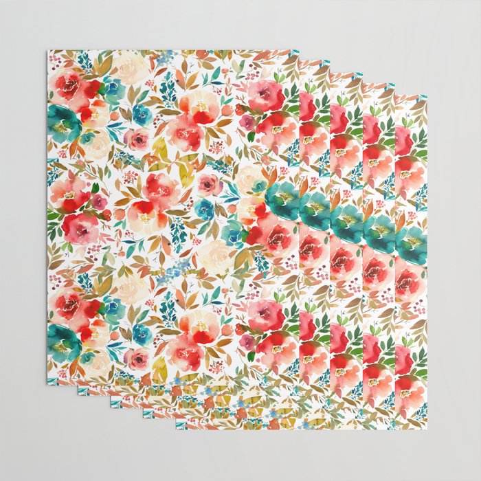 Red Turquoise Teal Floral Watercolor Wrapping Paper Gallery Image 3