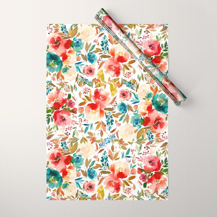 Red Turquoise Teal Floral Watercolor Wrapping Paper Gallery Image 1