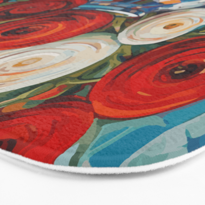 Red and White Ranunculus Flowers in Patterned Vase Still Life Painting Bath Mat Gallery Image 3