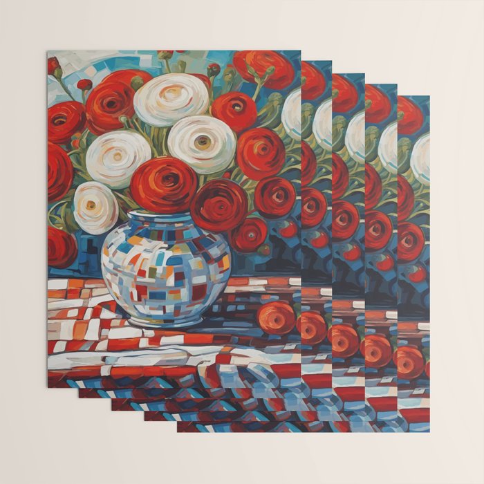 Red and White Ranunculus Flowers in Patterned Vase Still Life Painting Wrapping Paper Gallery Image 3