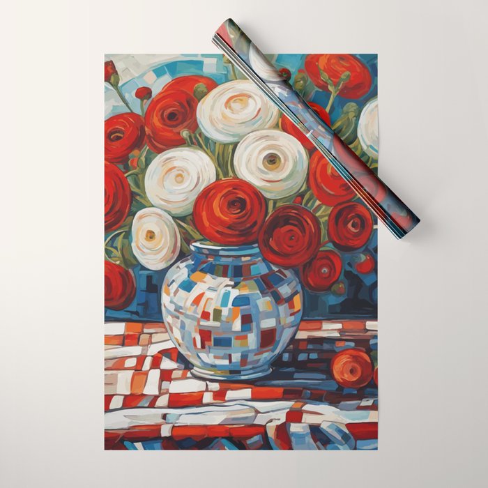 Red and White Ranunculus Flowers in Patterned Vase Still Life Painting Wrapping Paper Gallery Image 1