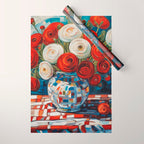 Red and White Ranunculus Flowers in Patterned Vase Still Life Painting Wrapping Paper Gallery Image 1