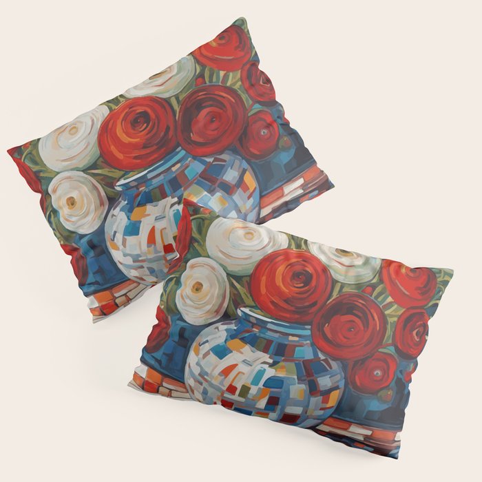 Red and White Ranunculus Flowers in Patterned Vase Still Life Painting Pillow Sham Gallery Image 3
