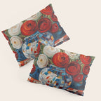 Red and White Ranunculus Flowers in Patterned Vase Still Life Painting Pillow Sham Gallery Image 3