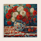 Red and White Ranunculus Flowers in Patterned Vase Still Life Painting Wood Wall Art Gallery Image 1