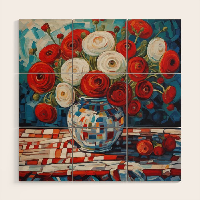 Red and White Ranunculus Flowers in Patterned Vase Still Life Painting Wood Wall Art Gallery Image 1
