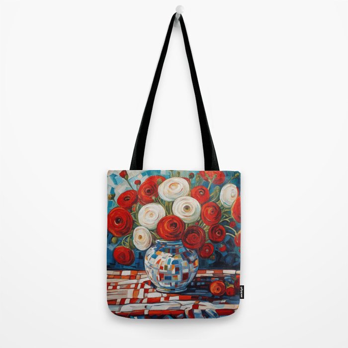 Red and White Ranunculus Flowers in Patterned Vase Still Life Painting Tote Bag Gallery Image 2