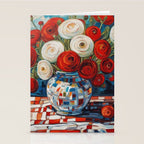 Red and White Ranunculus Flowers in Patterned Vase Still Life Painting Stationery Card Gallery Image 2